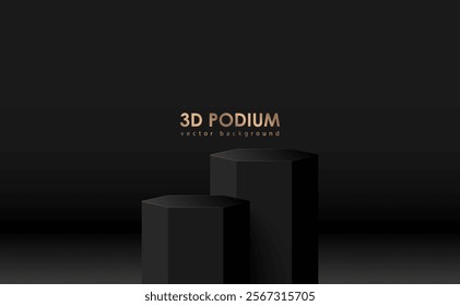 Black 3d vector podiums. Pedestal geometric scene, exhibition displays award ceremony product presentation, vertical shapes