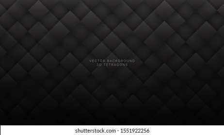 Black 3D Vector Rhombus Pattern Abstract Background. Science Technologic Conceptual Tetragonal Structure Dark Gray Wallpaper. Three Dimensional Tech Clear Blank Subtle Textured Backdrop