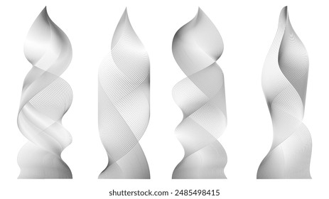 Black 3d vector smoke set. Wavy element air steam or cigarette flame. Transparent abstract vertical ribbon. Thin trail texture. Fluid grey color realistic line effect