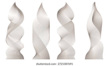 Black 3d vector smoke set. Wavy element air steam or cigarette flame. Transparent abstract vertical ribbon. Thin trail texture. Fluid grey color realistic line effect