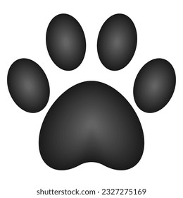 Black 3d voluminous animal dog footprint paw isolated on white background, vector illustration