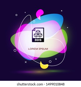 Black 3DS file document. Download 3ds button icon isolated on dark blue background. 3DS file symbol. Abstract banner with liquid shapes. Vector Illustration