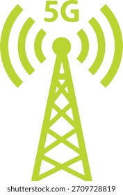 Icono negro de la torre de la célula 5 G con las ondas de señal en la red de comunicación del fondo blanco