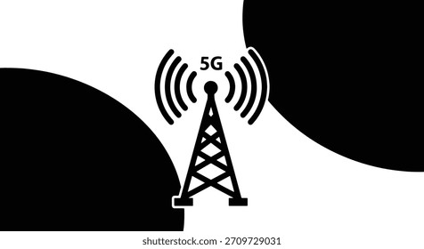 Ícone preto da torre da célula 5 G com ondas de sinal em fundo branco rede de comunicação 1
