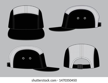 Black 5 Panels Baseball Cap With White Mesh Top Panel, Adjustable Buckle Closure Strap Vector on Gray Background.