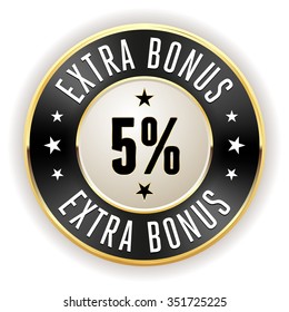 Black 5 percent extra bonus button with gold border