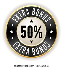 Black 50 percent extra bonus button with gold border