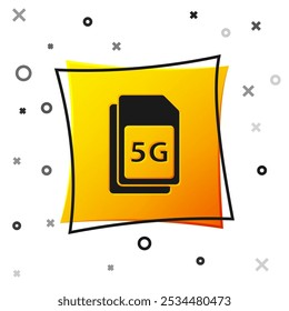 Black 5G Sim Card icon isolated on white background. Mobile and wireless communication technologies. Network chip electronic connection. Yellow square button. Vector