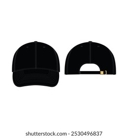 Preto 6-painel Baseball Cap Mockup: Vista traseira frontal para elegantes headwear Design Ilustrações em um fundo branco limpo