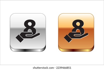 Black 8 March on hand icon isolated on white background. International Happy Women Day. Silver-gold square button. Vector Illustration