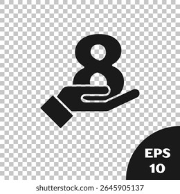 Black 8 March on hand icon isolated on transparent background. International Happy Women Day.  Vector Illustration