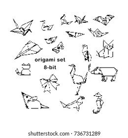 black 8-bit origami hand drawn set vector illustration  isolated on white background