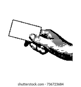 black 8-bit right hand holding blank card vector illustration  isolated on white background