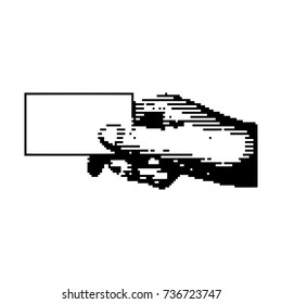 black 8-bit right hand holding blank card vector illustration  isolated on white background