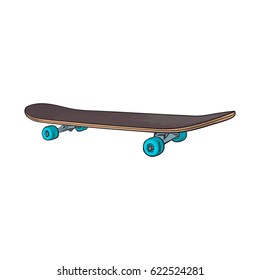 Black 90s style skateboard, sketch, hand drawn illustration isolated on white background. Hand drawn side view skateboard, urban means of transportation, 90s style personal transport