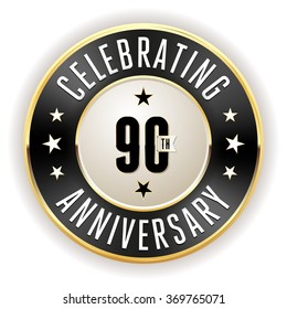 Black 90th anniversary badge with gold border on white background