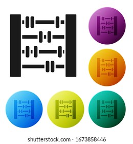 Icono negro de Abacus aislado en fondo blanco. Marco de recuento tradicional. Signo de educación. Escuela de matemáticas. Establecer iconos en los botones de círculo de color.  Ilustración vectorial