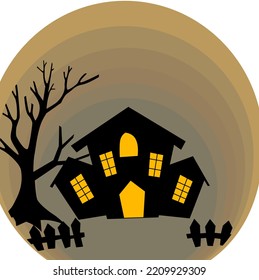 Black abandoned house in halloween. Black tree in front of house.