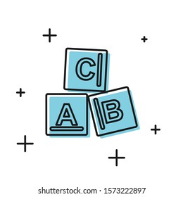 Black ABC blocks icon isolated on white background. Alphabet cubes with letters A,B,C.  Vector Illustration