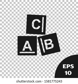 Black ABC blocks icon isolated on transparent background. Alphabet cubes with letters A,B,C.  Vector Illustration