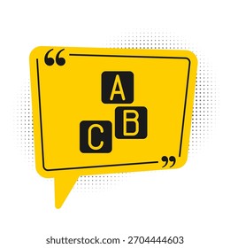 Ícone preto de blocos ABC isolado no fundo branco. Cubos alfabéticos com letras A,B,C. Símbolo de balão de fala amarelo. Vetor