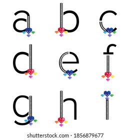 Cartas en minúscula ABC negras con diamantes y joyas coloridas. Caracteres B C D E F G H I. Personajes con piedras preciosas. Ilustración vectorial.  Carta con clavos de cristal para joyería.