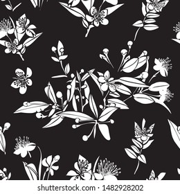 Black abd white floral design seamless pattern.  Wild flowers and leaves background. Vector . Textile design, wallpaper, fabric print.