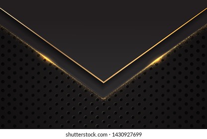 Black abstract 3d background with a combination line light gold and sparkle pattern. Luxury cover design vector template