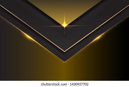 Black abstract 3d background with a combination line light gold and sparkle pattern. Luxury cover design vector template