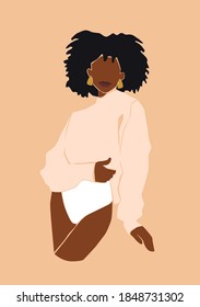 Black abstract afro woman portrait with stylish haircut wearing fashion clothes on the peachy isolated background. Lady boss vector illustration.