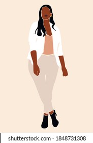 Black abstract afro woman portrait with stylish haircut wearing fashion clothes on the peachy isolated background. Lady boss vector illustration.