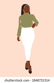 Black abstract afro woman portrait with stylish haircut wearing fashion clothes on the peachy isolated background. Lady boss vector illustration.