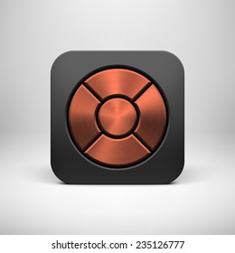Black abstract app icon, button template with circle perforated speaker, bronze metal texture (steel, chrome, copper), realistic shadow and light background for user interfaces, UI, applications, apps