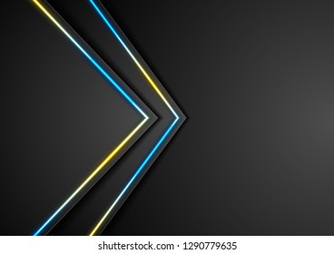 Black abstract arrows tech background with bright neon lines. Vector illustration Black abstract arrows tech background with bright neon lines. Vector illustration