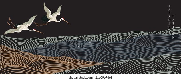 Black abstract art template with crane birds banner design. Japanese background with hand drawn line vector. Mountain landscape layout design in oriental style. 