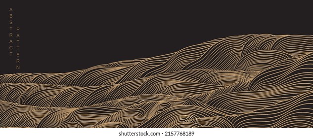 Black abstract art template with geometric pattern banner design. Japanese background with gold line texture vector. Mountain landscape layout design in oriental style. 