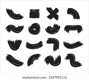 Black abstract assorted brush style thick curvy lines in different shapes icons set on white background