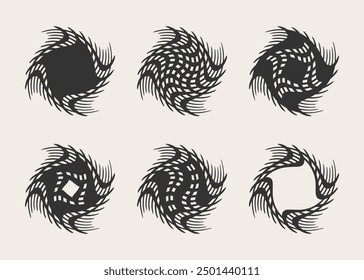 Black abstract assorted twisted isolated creative detail emblems icons design elements set on light gray background