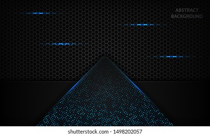 Black abstract background with blue dots element and hexagon texture. Modern luxury futuristic technology design concept.