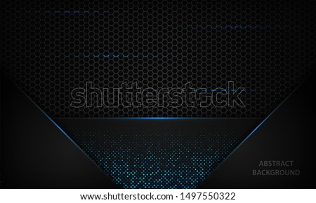 Black abstract background with blue dots element and hexagon texture. Modern luxury futuristic technology design concept.
