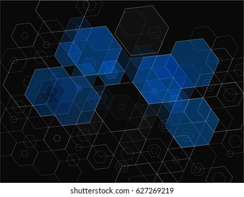 Black abstract background with blue hexagons