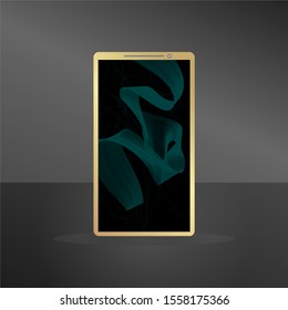 
black abstract background with blue wave lines and smart phone illustration. wallpaper design for smartphones.
