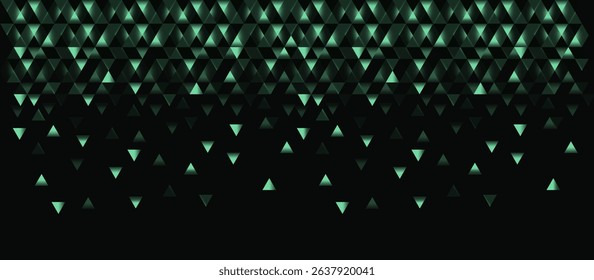 Black Abstract Background with Cascading Light Teal-Green Triangles, Featuring a Gradient Effect from Dark to Light, Reflective Shimmer, and a Dense, Falling Arrangement for Depth and Motion