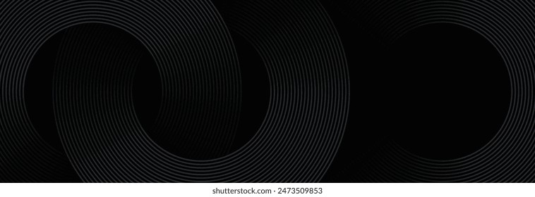 Black abstract background with circle lines. Modern black gray gradient rings. Suitable for banner, cover, poster, website, presentation, brochure, flyer, header
