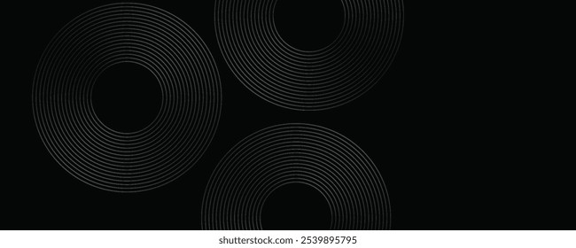 Black abstract background with circle lines. Modern black gray gradient rings. Suitable for banner, cover, poster, website, presentation, brochure, flyer, header