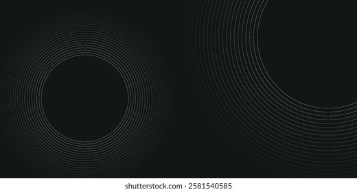 Black abstract background with circle lines. Modern black gray gradient rings. Suitable for banner, cover, poster, website, presentation, brochure, flyer, header