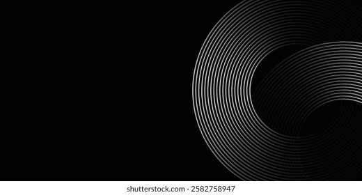Black abstract background with circle lines. Modern black gray gradient rings.