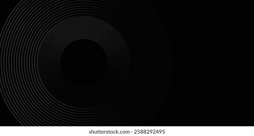Black abstract background with circle lines. Modern black gray gradient rings. Suitable for banner, cover, poster, website, presentation, brochure, flyer, header