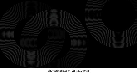 Black abstract background with circle lines. Modern black gray gradient rings. Suitable for banner, cover, poster, website, presentation, brochure, flyer, header