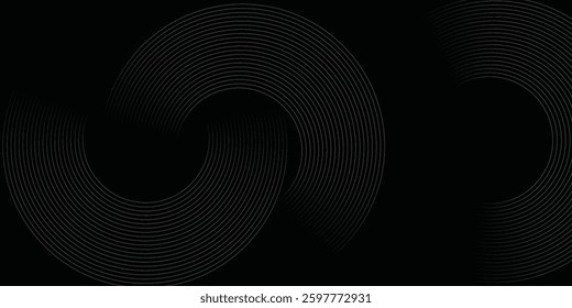 Black abstract background with circle lines. Modern black gray gradient rings. Suitable for banner, cover, poster, website, presentation, brochure, flyer, header
